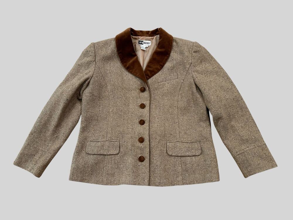 Vintage Brown Tweed Blazer Velvet Collar Belted Back Equestrian Size 16 -